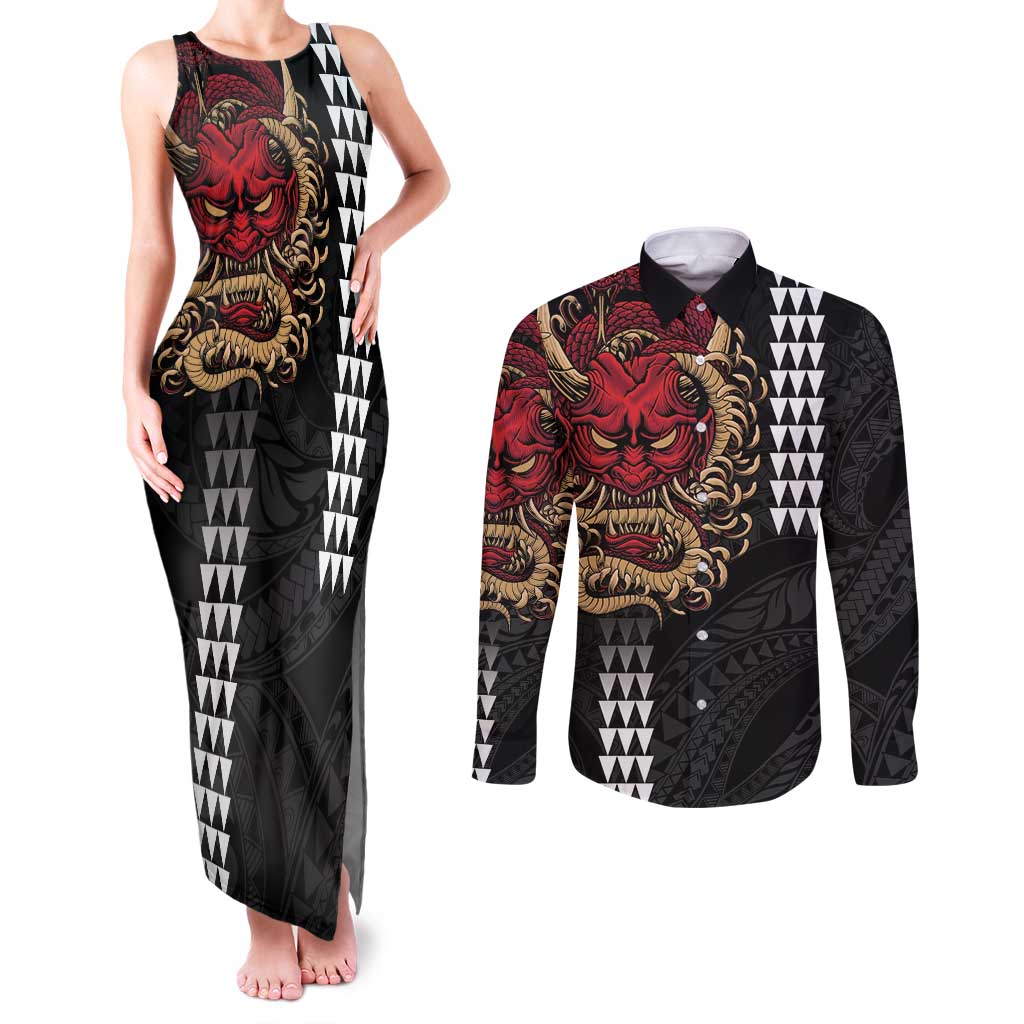 Hawaii and Japanese Oni Mask Personalised Couples Matching Tank Maxi Dress and Long Sleeve Button Shirt Kakau Pattern Dark Art Style LT9 Black - Polynesian Pride