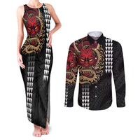 Hawaii and Japanese Oni Mask Personalised Couples Matching Tank Maxi Dress and Long Sleeve Button Shirt Kakau Pattern Dark Art Style LT9 Black - Polynesian Pride
