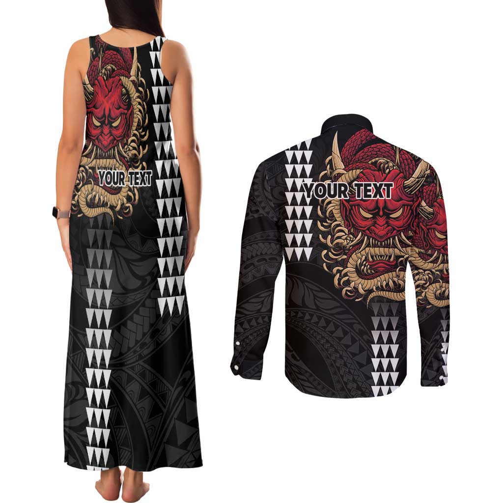 Hawaii and Japanese Oni Mask Personalised Couples Matching Tank Maxi Dress and Long Sleeve Button Shirt Kakau Pattern Dark Art Style LT9 - Polynesian Pride