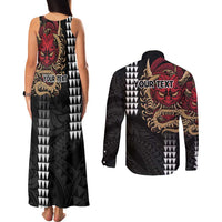 Hawaii and Japanese Oni Mask Personalised Couples Matching Tank Maxi Dress and Long Sleeve Button Shirt Kakau Pattern Dark Art Style LT9 - Polynesian Pride
