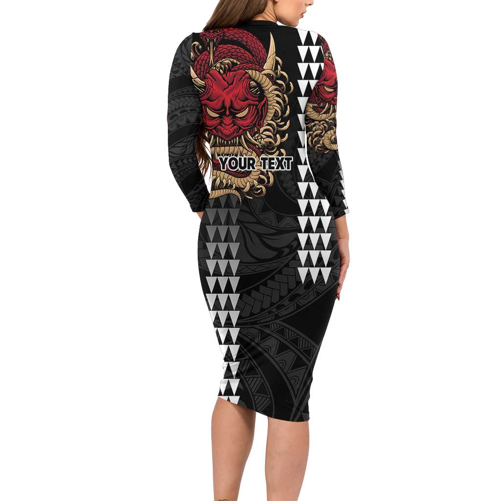 Hawaii and Japanese Oni Mask Personalised Family Matching Long Sleeve Bodycon Dress and Hawaiian Shirt Kakau Pattern Dark Art Style LT9 - Polynesian Pride