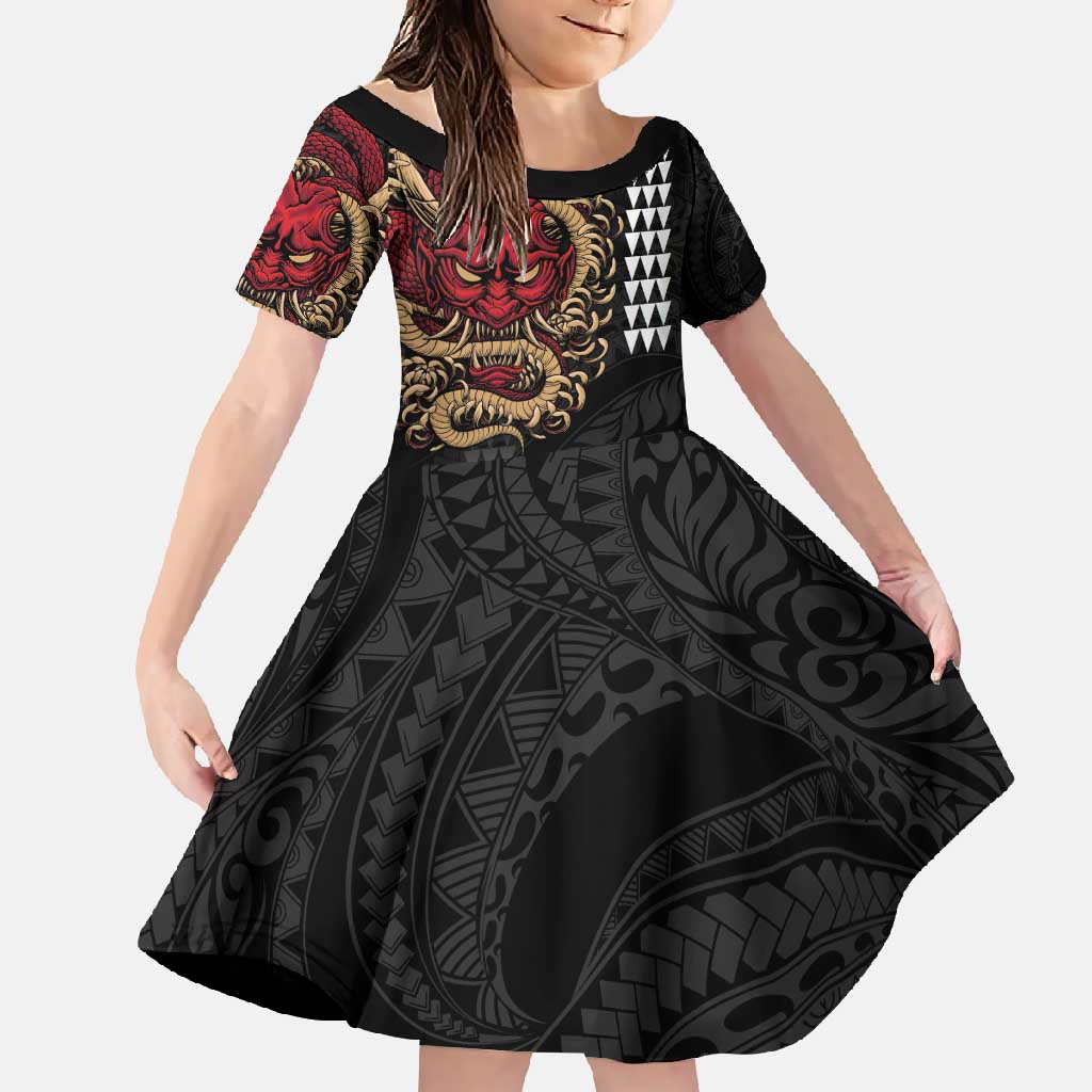 Hawaii and Japanese Oni Mask Personalised Family Matching Mermaid Dress and Hawaiian Shirt Kakau Pattern Dark Art Style LT9 Daughter's Dress Black - Polynesian Pride