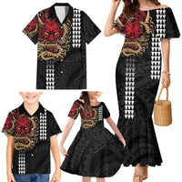 Hawaii and Japanese Oni Mask Personalised Family Matching Mermaid Dress and Hawaiian Shirt Kakau Pattern Dark Art Style LT9 - Polynesian Pride