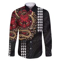 Hawaii and Japanese Oni Mask Personalised Family Matching Mermaid Dress and Hawaiian Shirt Kakau Pattern Dark Art Style LT9 Dad's Shirt - Long Sleeve Black - Polynesian Pride