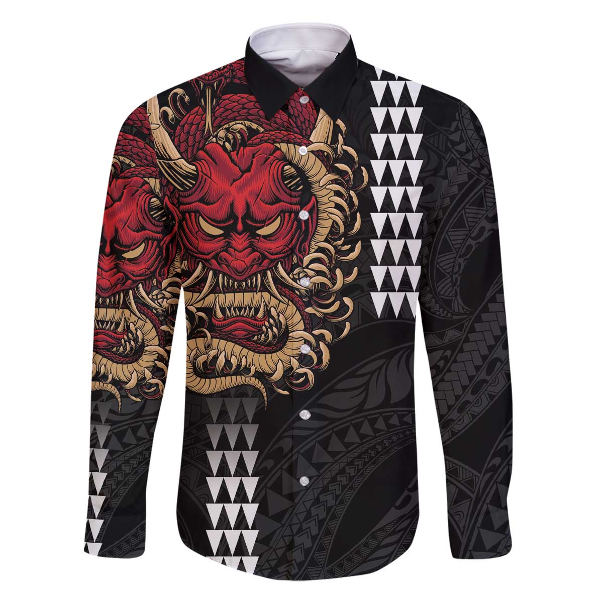 Hawaii and Japanese Oni Mask Personalised Family Matching Off The Shoulder Long Sleeve Dress and Hawaiian Shirt Kakau Pattern Dark Art Style LT9 Dad's Shirt - Long Sleeve Black - Polynesian Pride