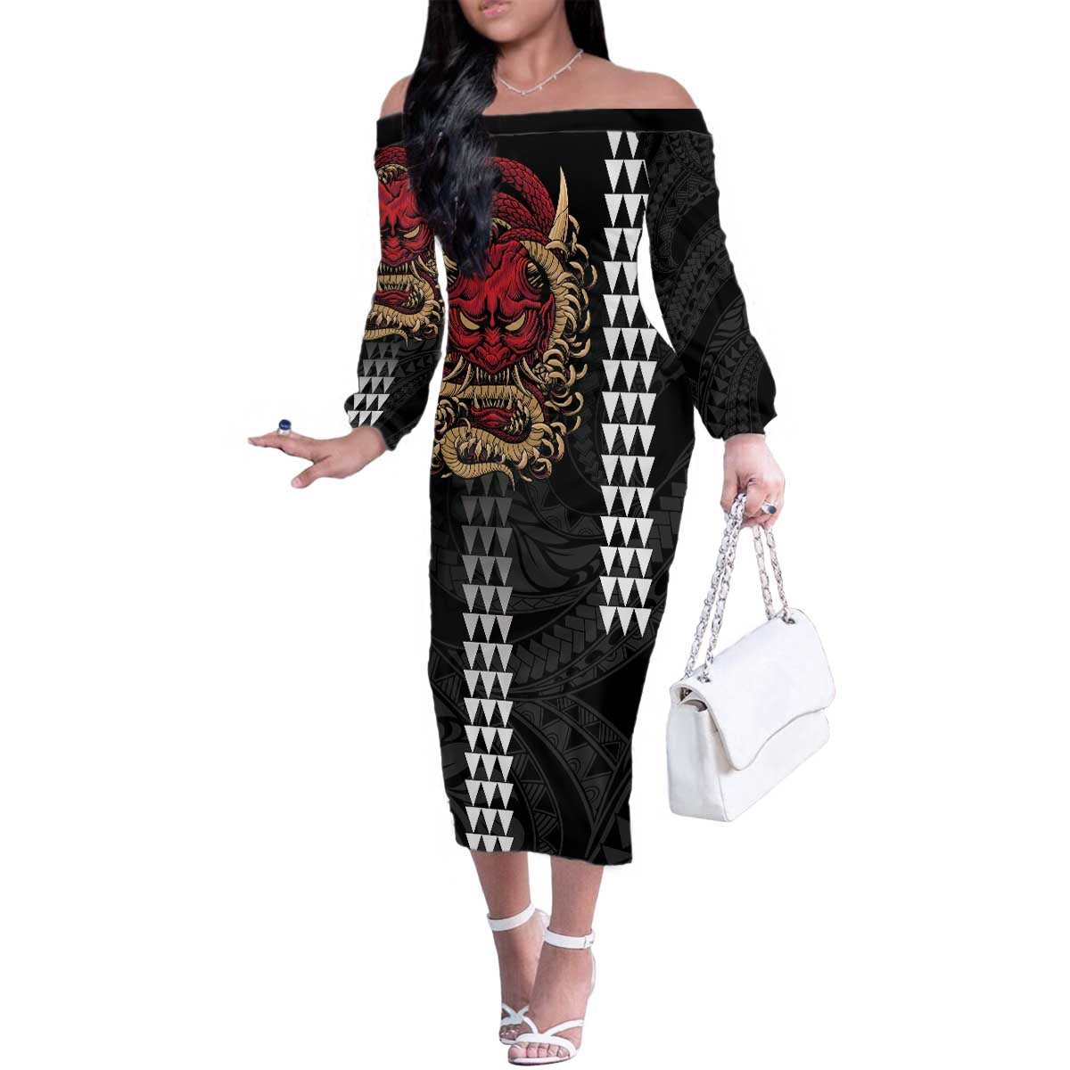 Hawaii and Japanese Oni Mask Personalised Family Matching Off The Shoulder Long Sleeve Dress and Hawaiian Shirt Kakau Pattern Dark Art Style LT9 Mom's Dress Black - Polynesian Pride