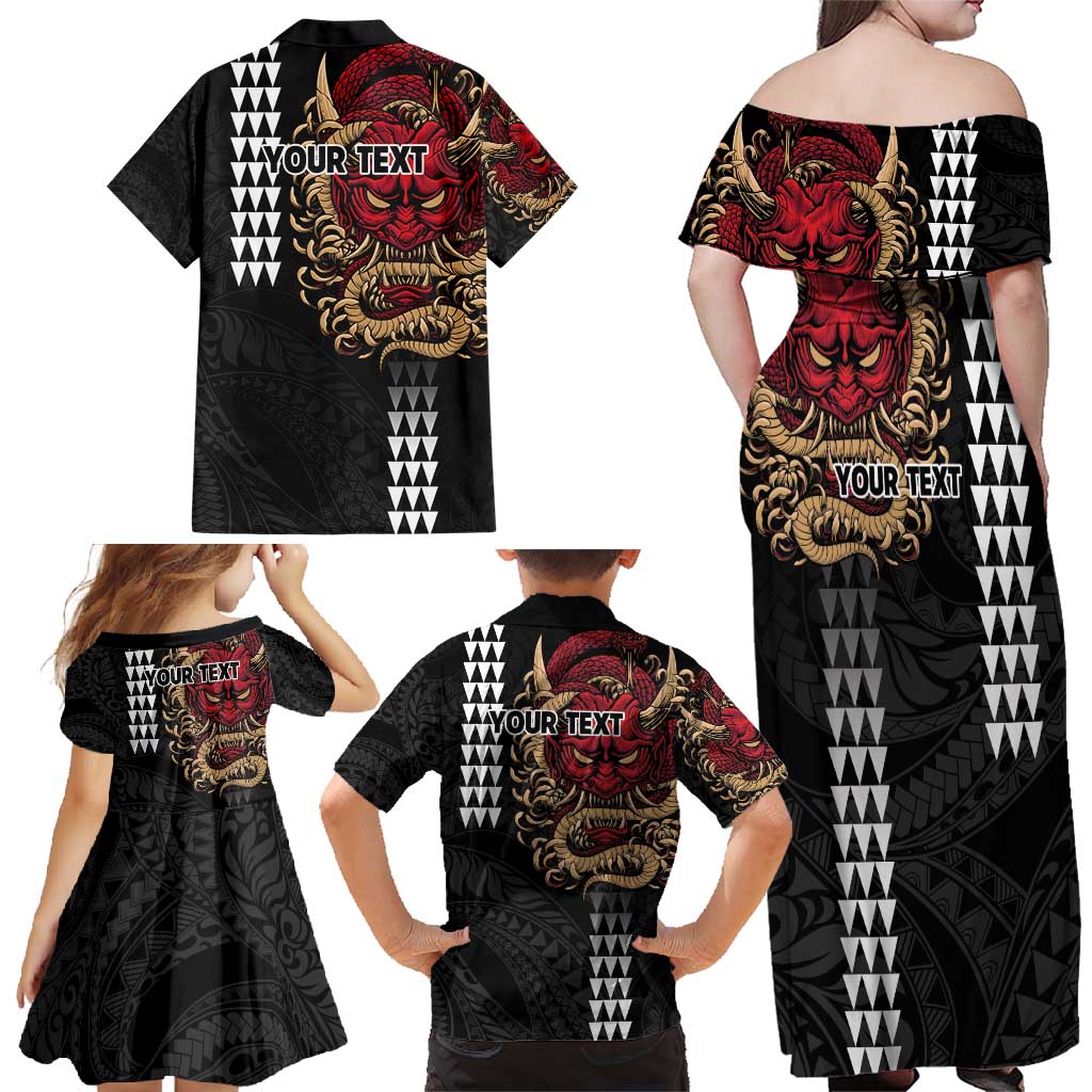 Hawaii and Japanese Oni Mask Personalised Family Matching Off Shoulder Maxi Dress and Hawaiian Shirt Kakau Pattern Dark Art Style LT9 - Polynesian Pride