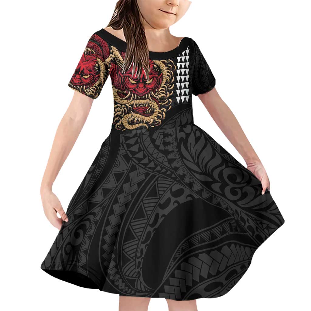 Hawaii and Japanese Oni Mask Personalised Family Matching Off Shoulder Short Dress and Hawaiian Shirt Kakau Pattern Dark Art Style LT9 Daughter's Dress Black - Polynesian Pride