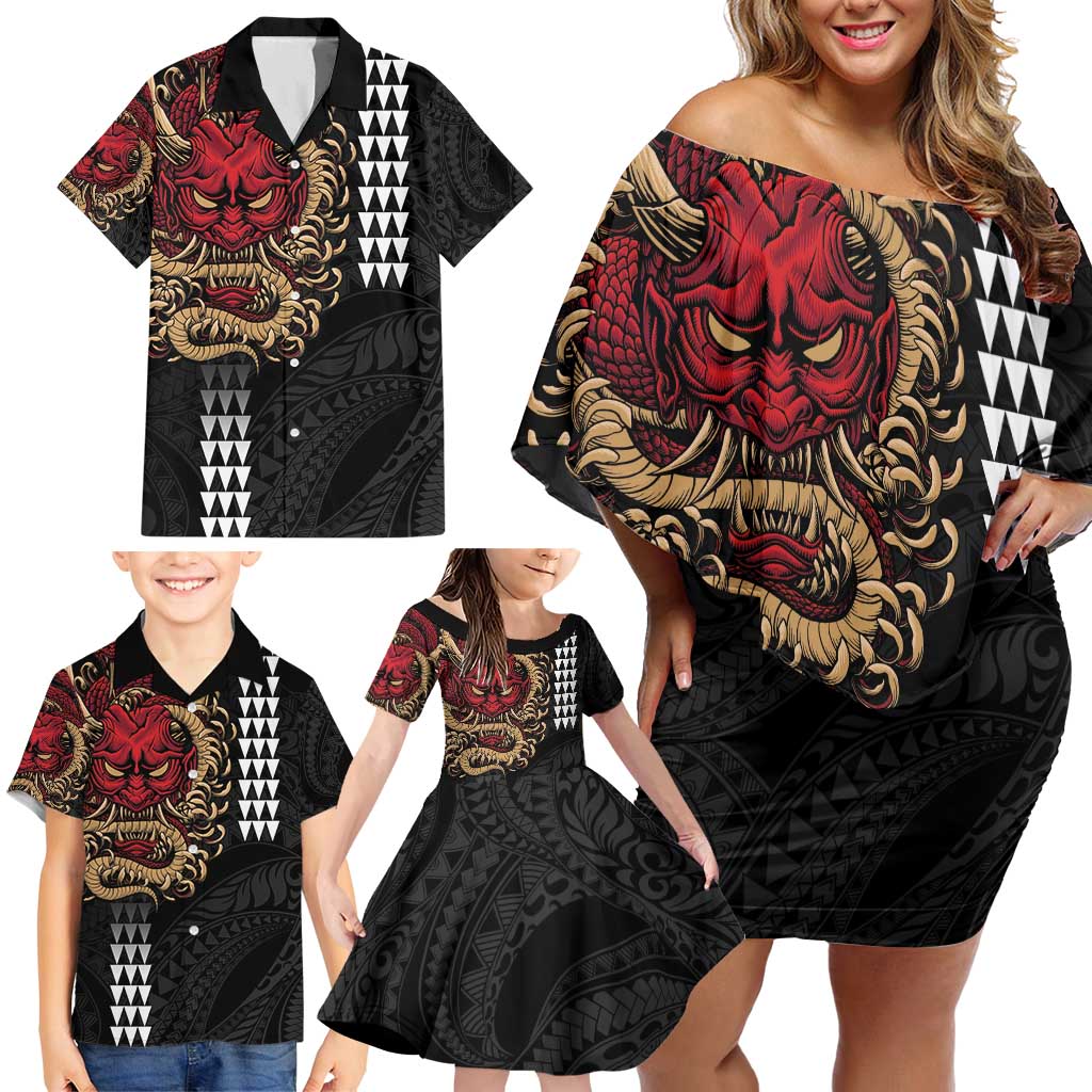 Hawaii and Japanese Oni Mask Personalised Family Matching Off Shoulder Short Dress and Hawaiian Shirt Kakau Pattern Dark Art Style LT9 - Polynesian Pride
