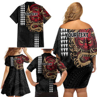 Hawaii and Japanese Oni Mask Personalised Family Matching Off Shoulder Short Dress and Hawaiian Shirt Kakau Pattern Dark Art Style LT9 - Polynesian Pride