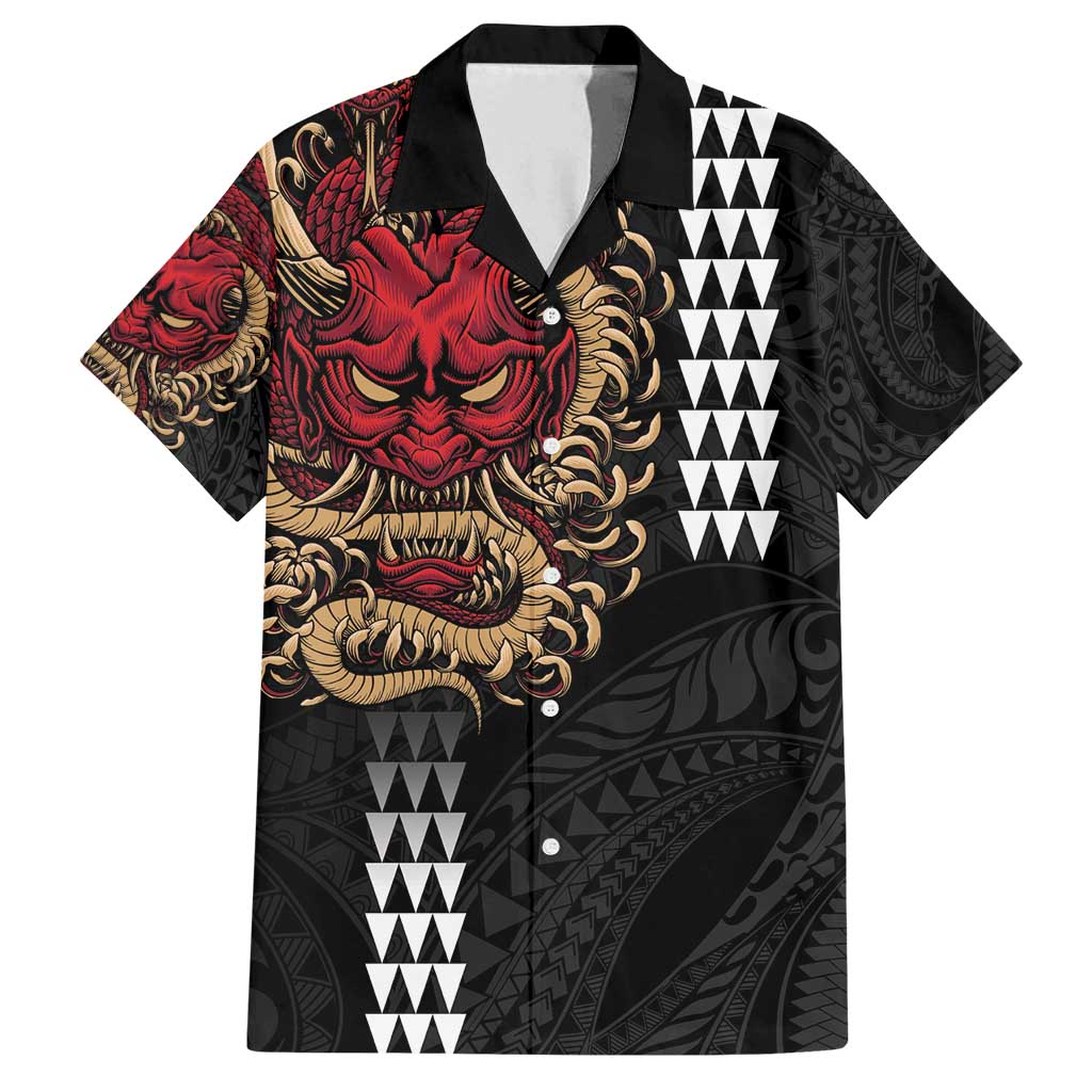 Hawaii and Japanese Oni Mask Personalised Family Matching Off Shoulder Short Dress and Hawaiian Shirt Kakau Pattern Dark Art Style LT9 Dad's Shirt - Short Sleeve Black - Polynesian Pride