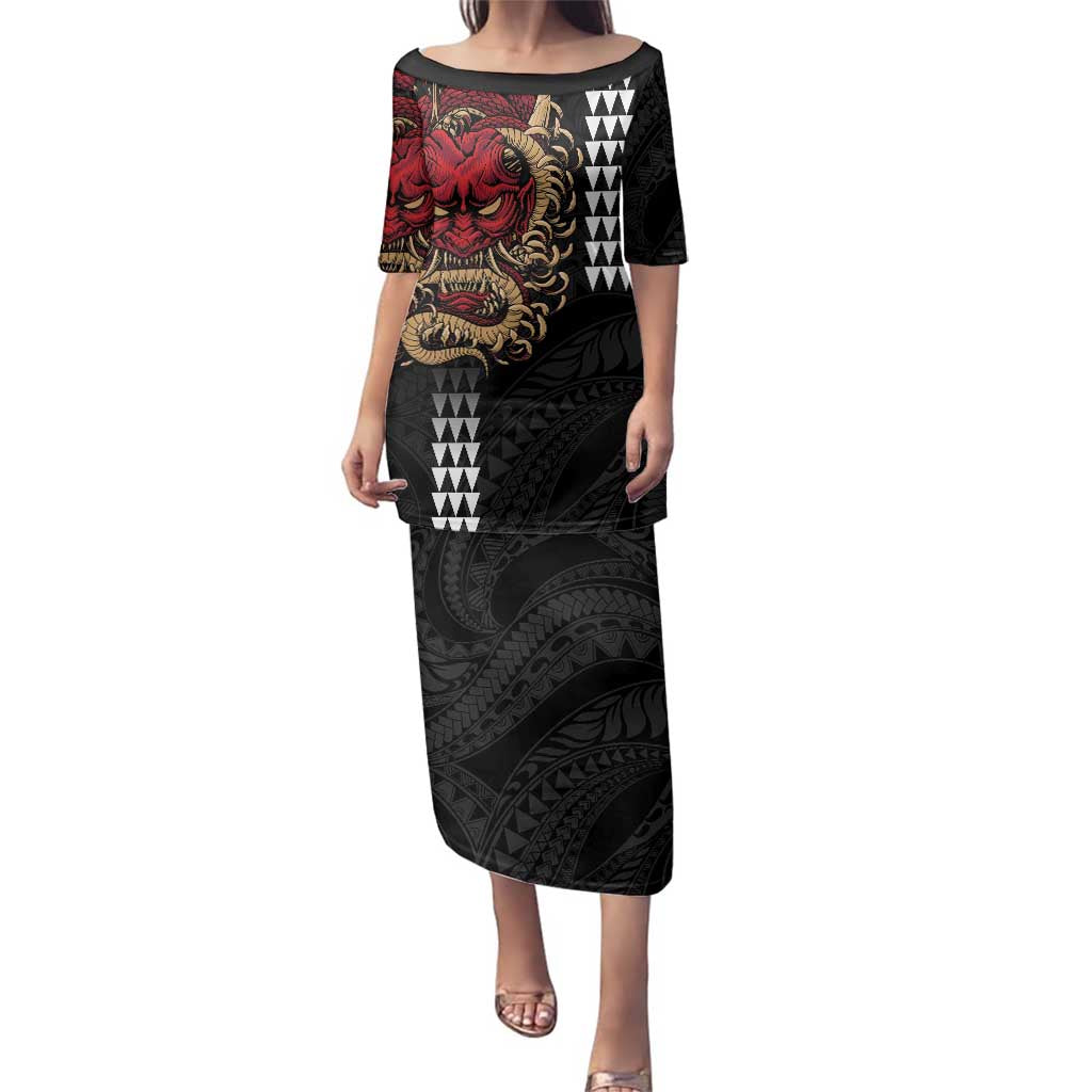 Hawaii and Japanese Oni Mask Personalised Family Matching Puletasi and Hawaiian Shirt Kakau Pattern Dark Art Style LT9 Mom's Dress Black - Polynesian Pride