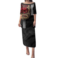 Hawaii and Japanese Oni Mask Personalised Family Matching Puletasi and Hawaiian Shirt Kakau Pattern Dark Art Style LT9 Mom's Dress Black - Polynesian Pride