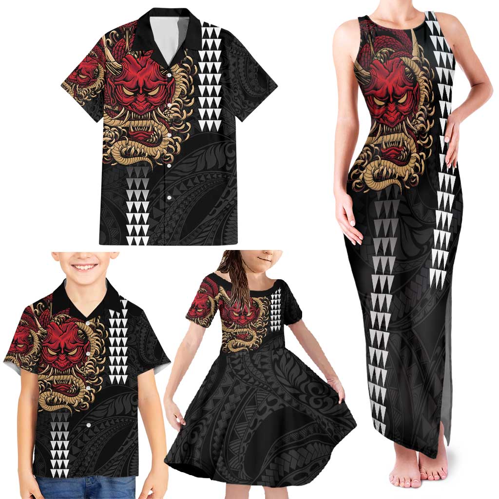 Hawaii and Japanese Oni Mask Personalised Family Matching Tank Maxi Dress and Hawaiian Shirt Kakau Pattern Dark Art Style LT9 - Polynesian Pride