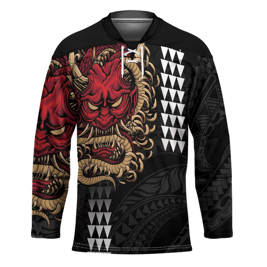 Hawaii and Japanese Oni Mask Personalised Hockey Jersey Kakau Pattern Dark Art Style - Polynesian Pride