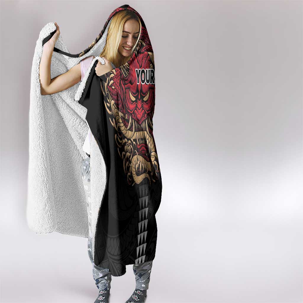 Hawaii and Japanese Oni Mask Personalised Hooded Blanket Kakau Pattern Dark Art Style