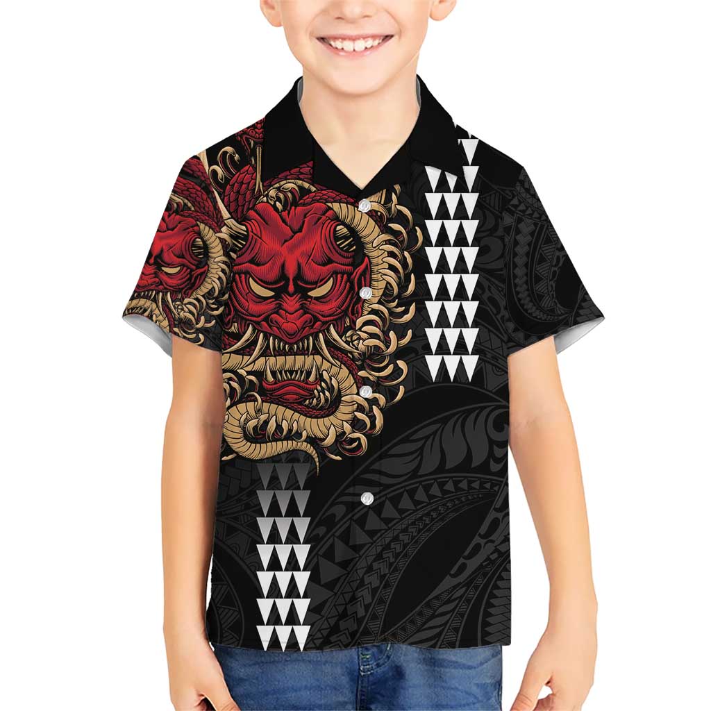 Hawaii and Japanese Oni Mask Personalised Kid Hawaiian Shirt Kakau Pattern Dark Art Style LT9 Kid Black - Polynesian Pride