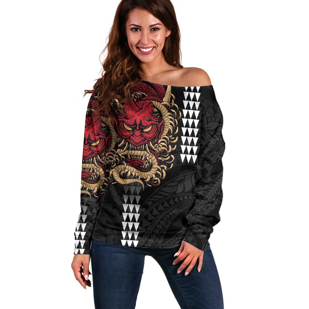 Hawaii and Japanese Oni Mask Personalised Off Shoulder Sweater Kakau Pattern Dark Art Style
