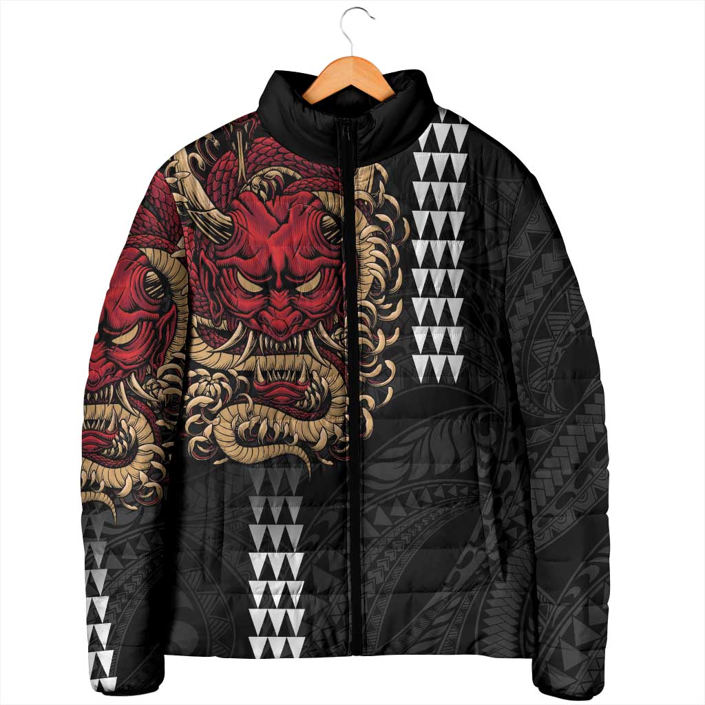 Hawaii and Japanese Oni Mask Personalised Padded Jacket Kakau Pattern Dark Art Style LT9 - Polynesian Pride