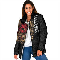 Hawaii and Japanese Oni Mask Personalised Padded Jacket Kakau Pattern Dark Art Style LT9 Women Black - Polynesian Pride