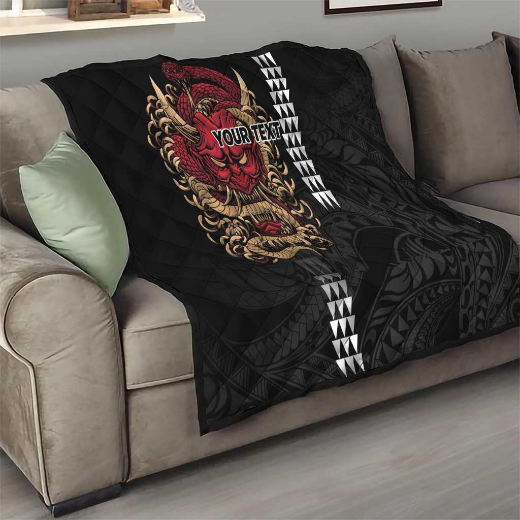 Hawaii and Japanese Oni Mask Personalised Quilt Kakau Pattern Dark Art Style