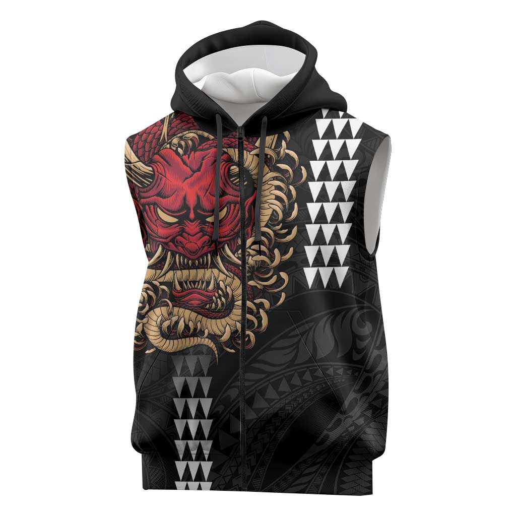 Hawaii and Japanese Oni Mask Personalised Sleeveless Zip Hoodie Kakau Pattern Dark Art Style - Polynesian Pride