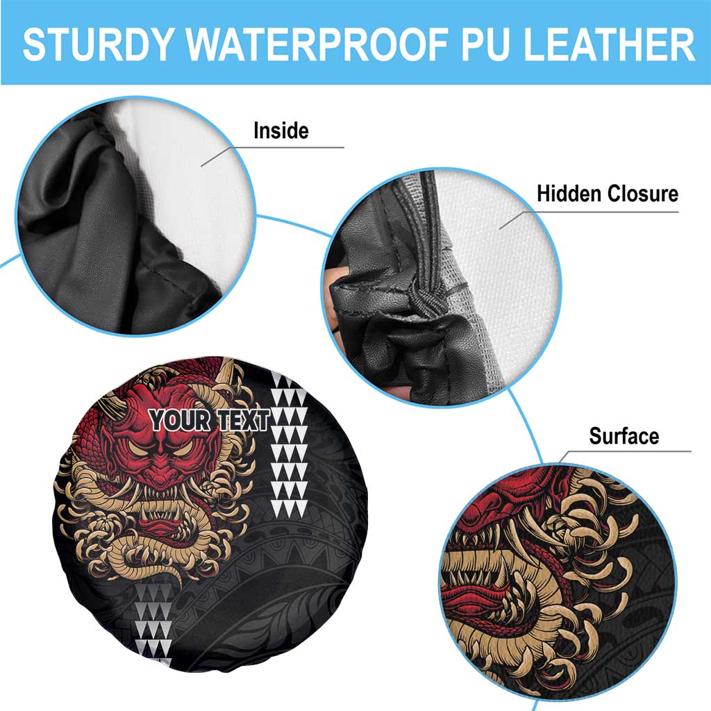 Hawaii and Japanese Oni Mask Personalised Spare Tire Cover Kakau Pattern Dark Art Style