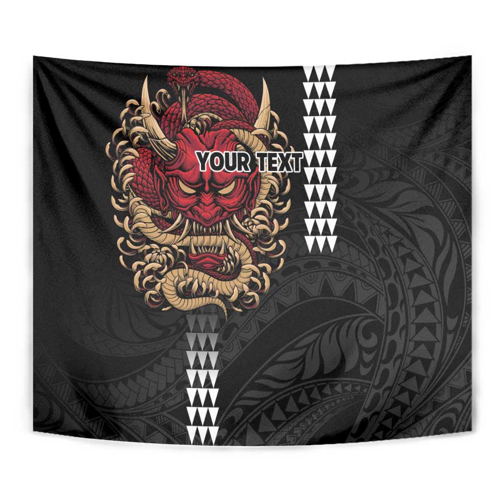 Hawaii and Japanese Oni Mask Personalised Tapestry Kakau Pattern Dark Art Style