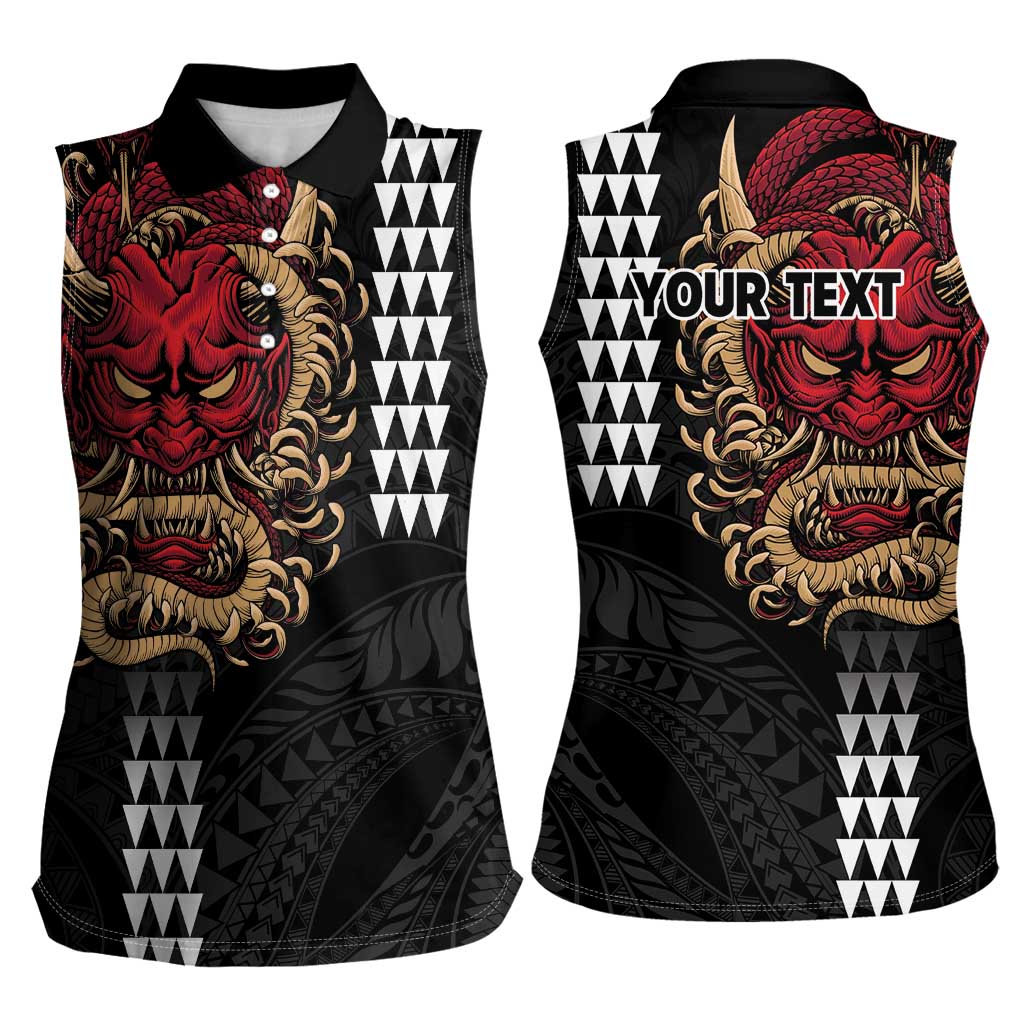 Hawaii and Japanese Oni Mask Personalised Women Sleeveless Polo Shirt Kakau Pattern Dark Art Style LT9 - Polynesian Pride