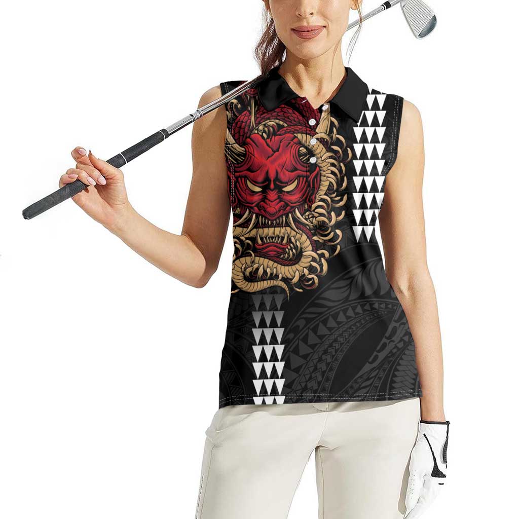 Hawaii and Japanese Oni Mask Personalised Women Sleeveless Polo Shirt Kakau Pattern Dark Art Style LT9 - Polynesian Pride