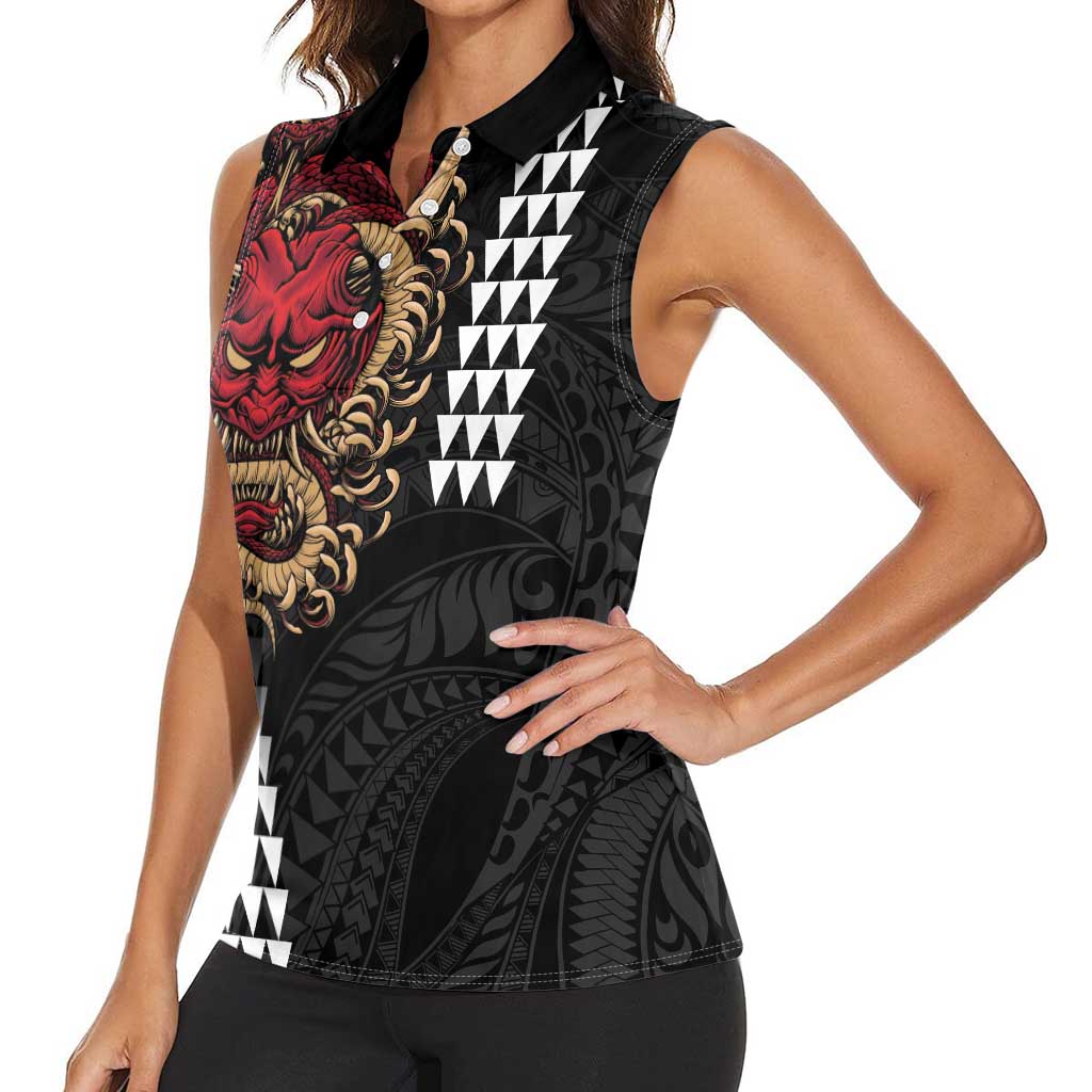 Hawaii and Japanese Oni Mask Personalised Women Sleeveless Polo Shirt Kakau Pattern Dark Art Style LT9 - Polynesian Pride