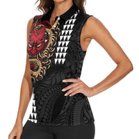Hawaii and Japanese Oni Mask Personalised Women Sleeveless Polo Shirt Kakau Pattern Dark Art Style LT9 - Polynesian Pride