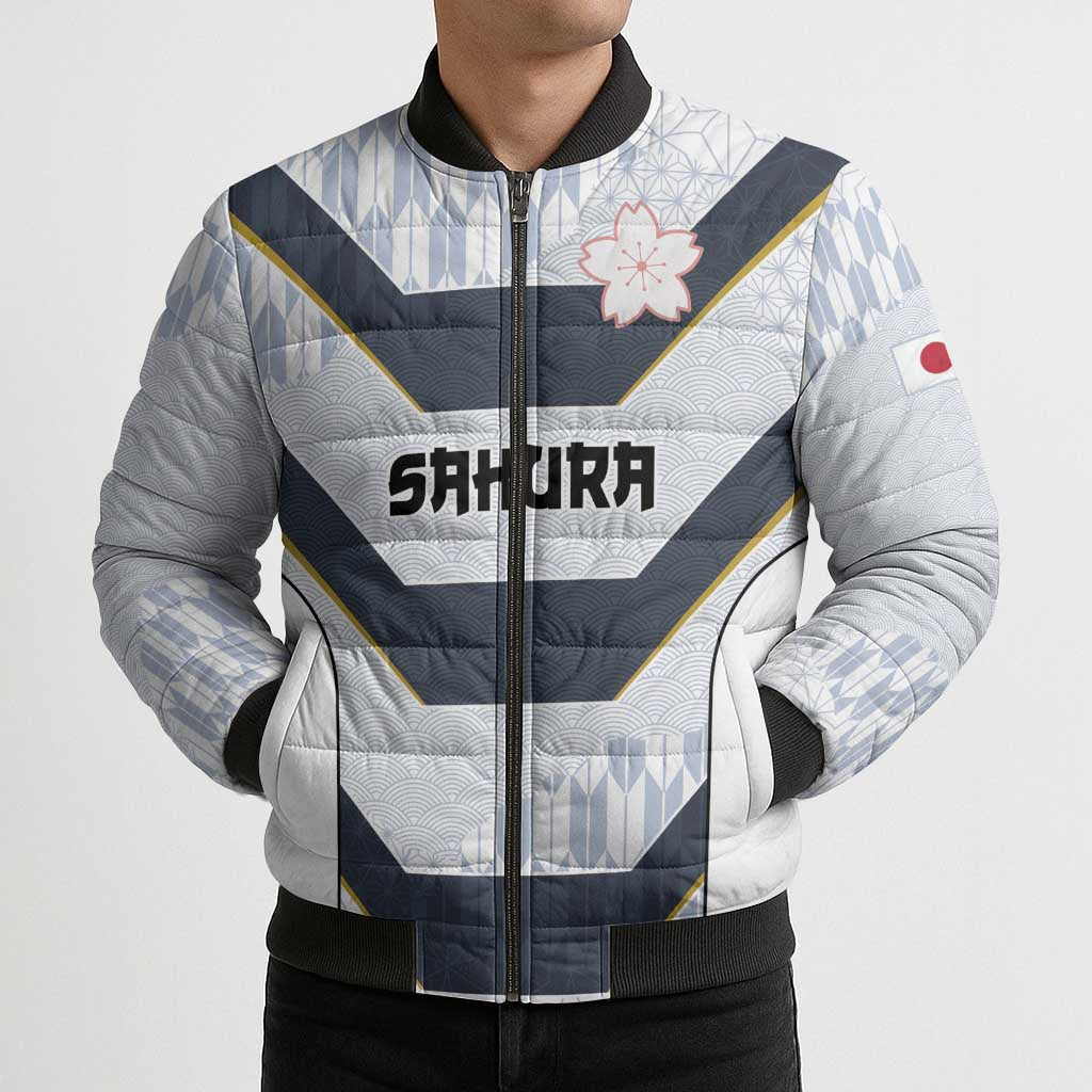 Japan Pacific Rugby 2022-23 Custom Bomber Puffer Jacket Black Sakura Japanese Wave Pattern - Polynesian Pride