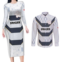 Japan Pacific Rugby 2022-23 Custom Couples Matching Long Sleeve Bodycon Dress and Long Sleeve Button Shirt Black Sakura Japanese Wave Pattern