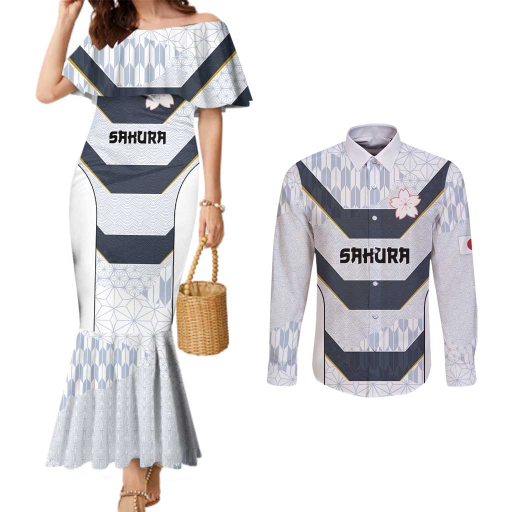Japan Pacific Rugby 2022-23 Custom Couples Matching Mermaid Dress and Long Sleeve Button Shirt Black Sakura Japanese Wave Pattern