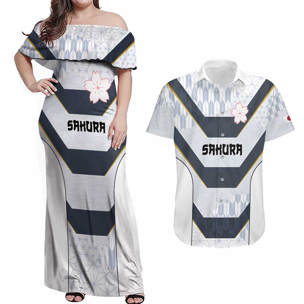 Japan Pacific Rugby 2022-23 Custom Couples Matching Off Shoulder Maxi Dress and Hawaiian Shirt Black Sakura Japanese Wave Pattern