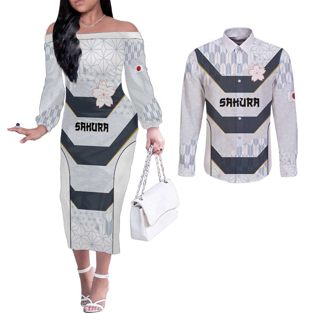 Japan Pacific Rugby 2022-23 Custom Couples Matching Off The Shoulder Long Sleeve Dress and Long Sleeve Button Shirt Black Sakura Japanese Wave Pattern