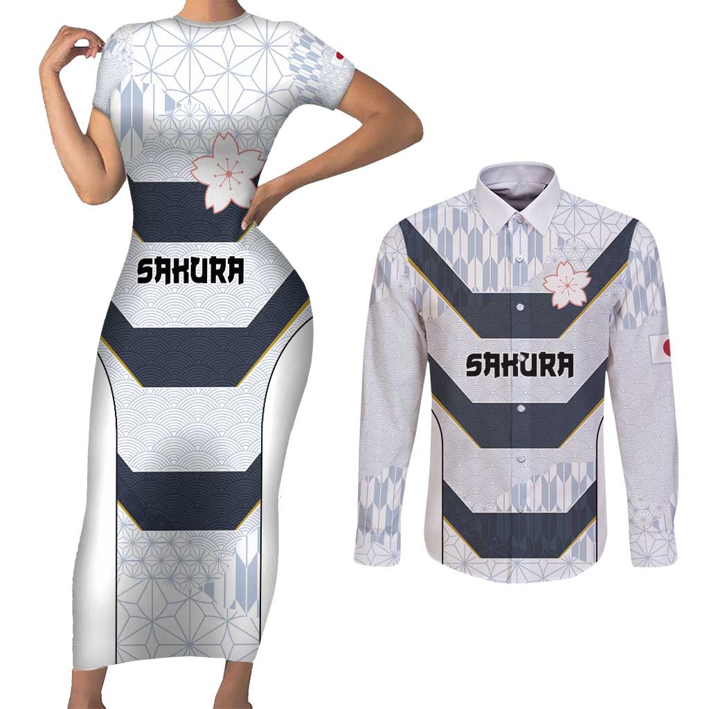 Japan Pacific Rugby 2022-23 Custom Couples Matching Short Sleeve Bodycon Dress and Long Sleeve Button Shirt Black Sakura Japanese Wave Pattern