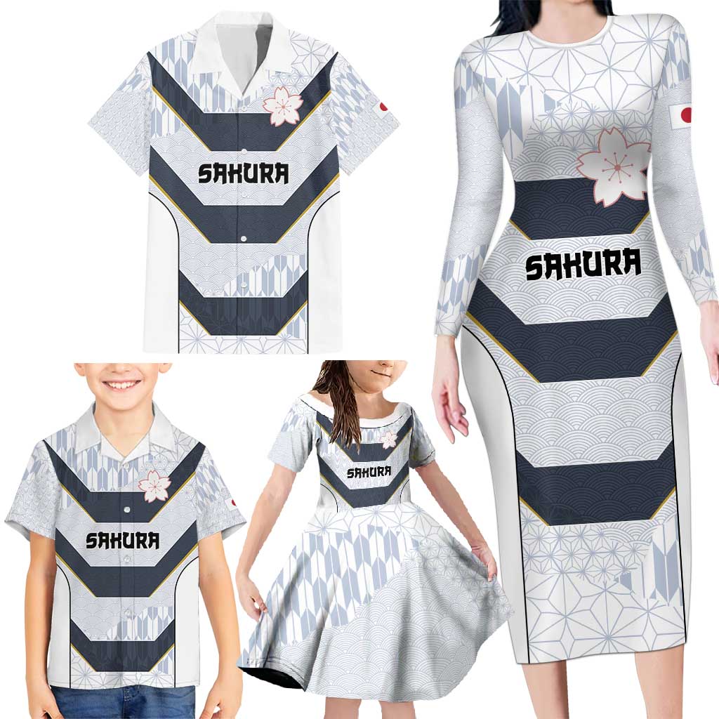Japan Pacific Rugby 2022-23 Custom Family Matching Long Sleeve Bodycon Dress and Hawaiian Shirt Black Sakura Japanese Wave Pattern