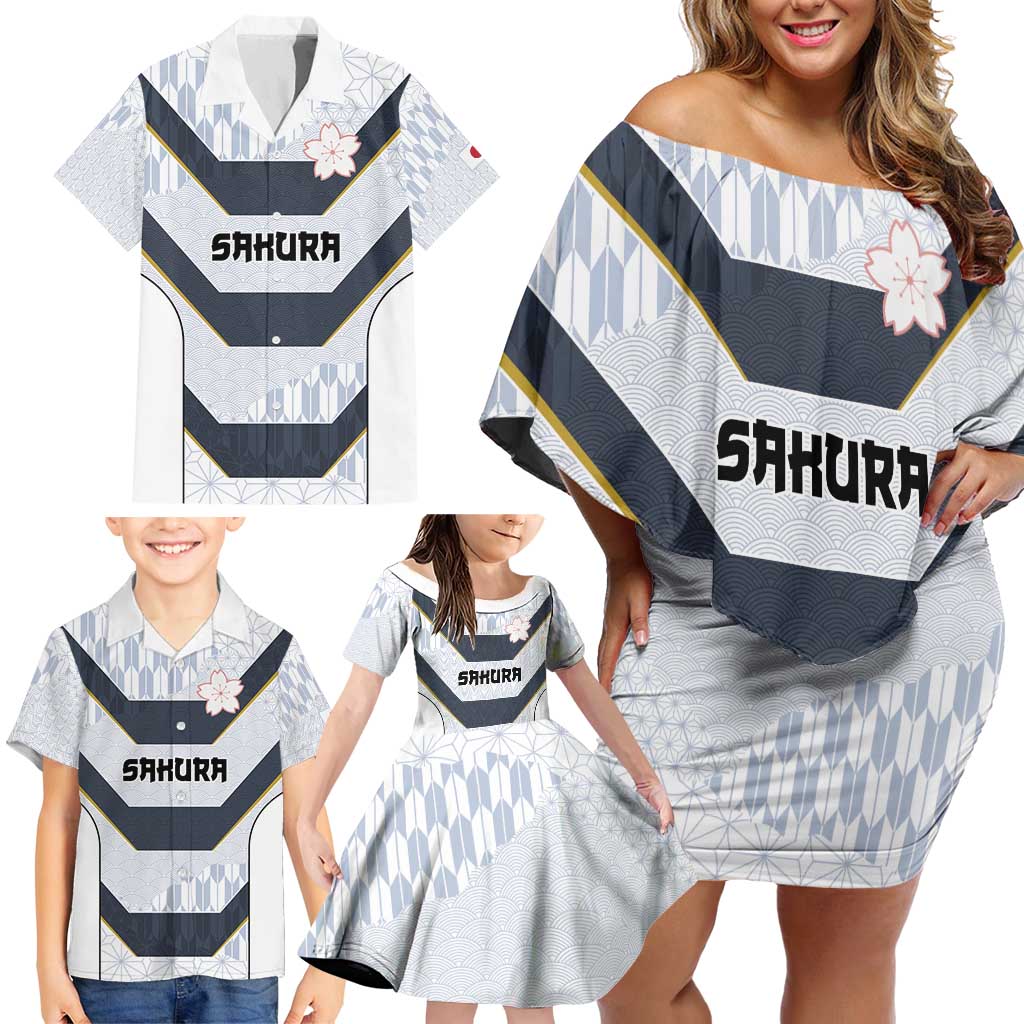 Japan Pacific Rugby 2022-23 Custom Family Matching Off Shoulder Short Dress and Hawaiian Shirt Black Sakura Japanese Wave Pattern