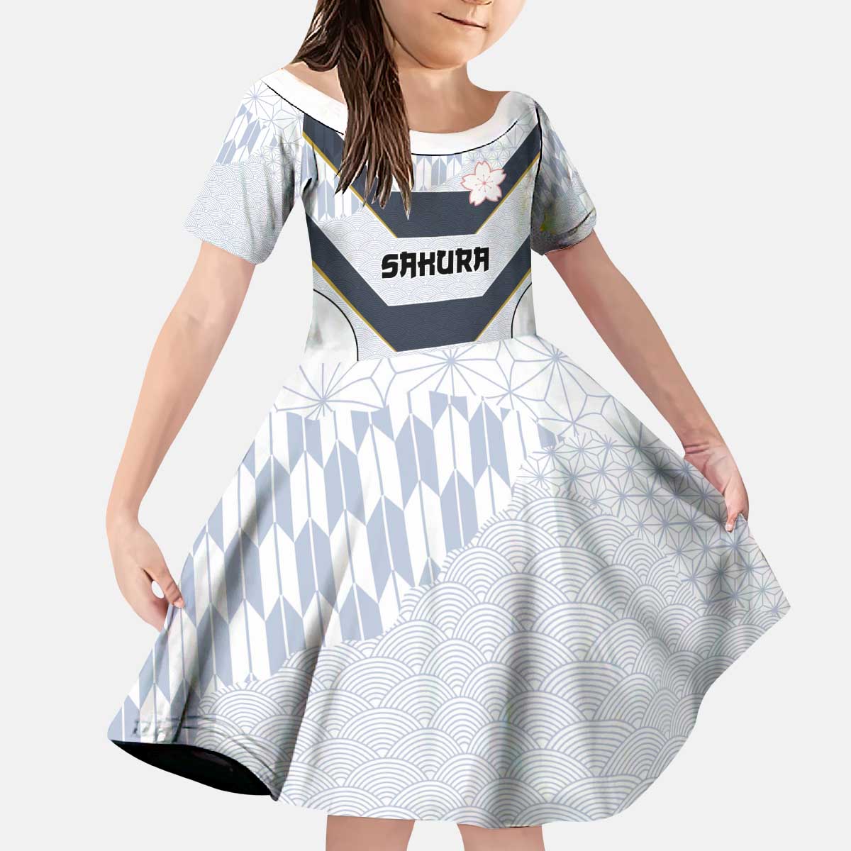 Japan Pacific Rugby 2022-23 Custom Kid Short Sleeve Dress Black Sakura Japanese Wave Pattern