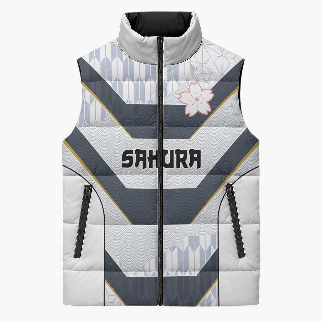 Japan Pacific Rugby 2022-23 Custom Sleeveless Puffer Jacket Black Sakura Japanese Wave Pattern - Polynesian Pride