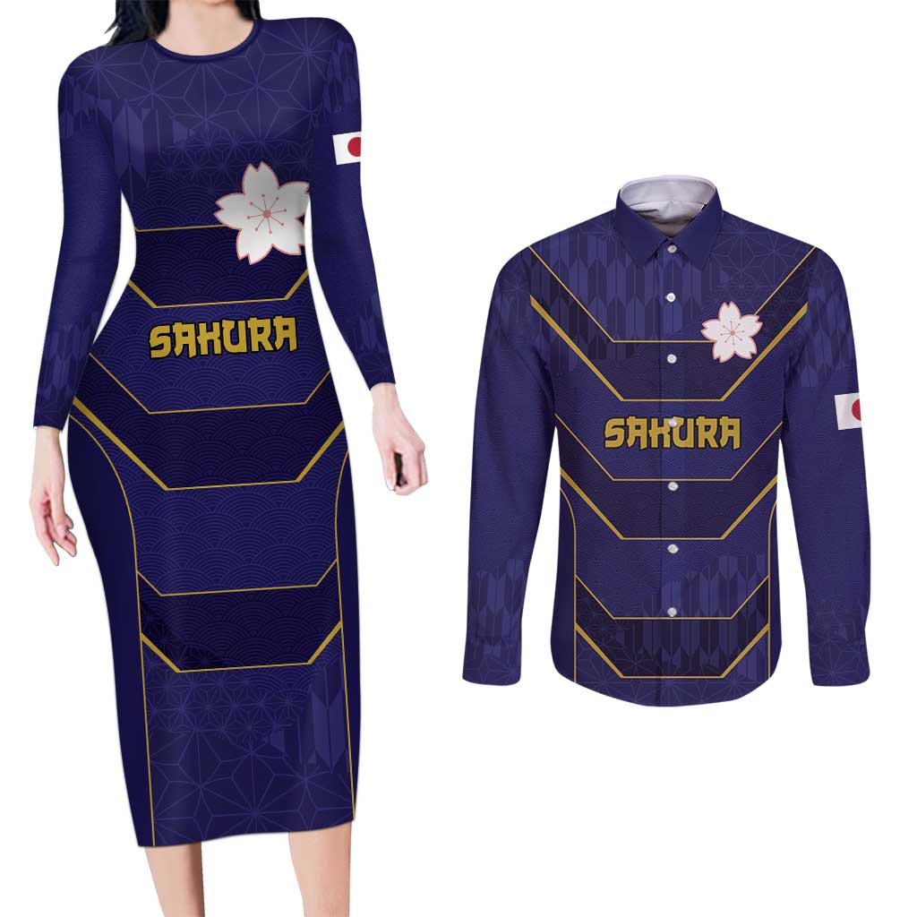 Japan Pacific Rugby 2022-23 Custom Couples Matching Long Sleeve Bodycon Dress and Long Sleeve Button Shirt Blue Sakura Japanese Wave Pattern