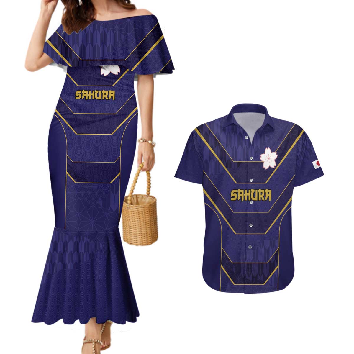 Japan Pacific Rugby 2022-23 Custom Couples Matching Mermaid Dress and Hawaiian Shirt Blue Sakura Japanese Wave Pattern
