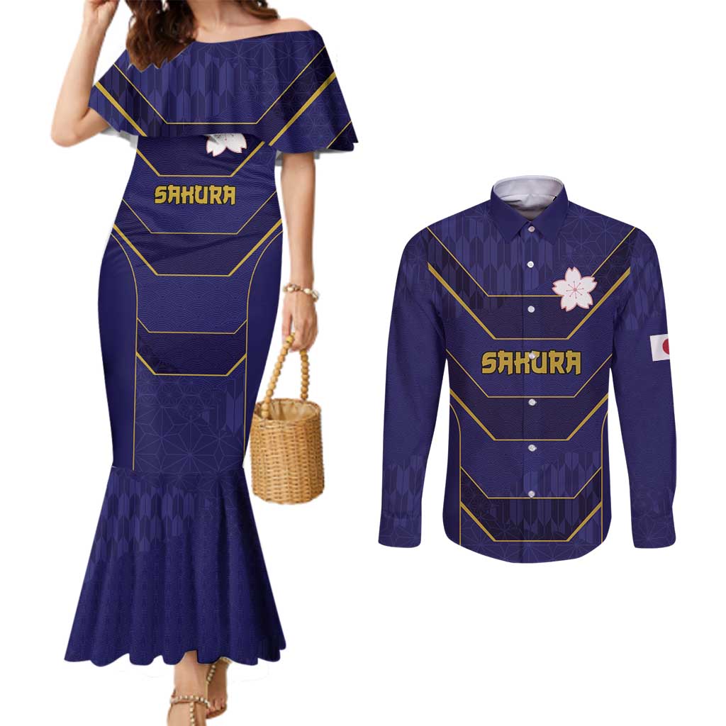 Japan Pacific Rugby 2022-23 Custom Couples Matching Mermaid Dress and Long Sleeve Button Shirt Blue Sakura Japanese Wave Pattern