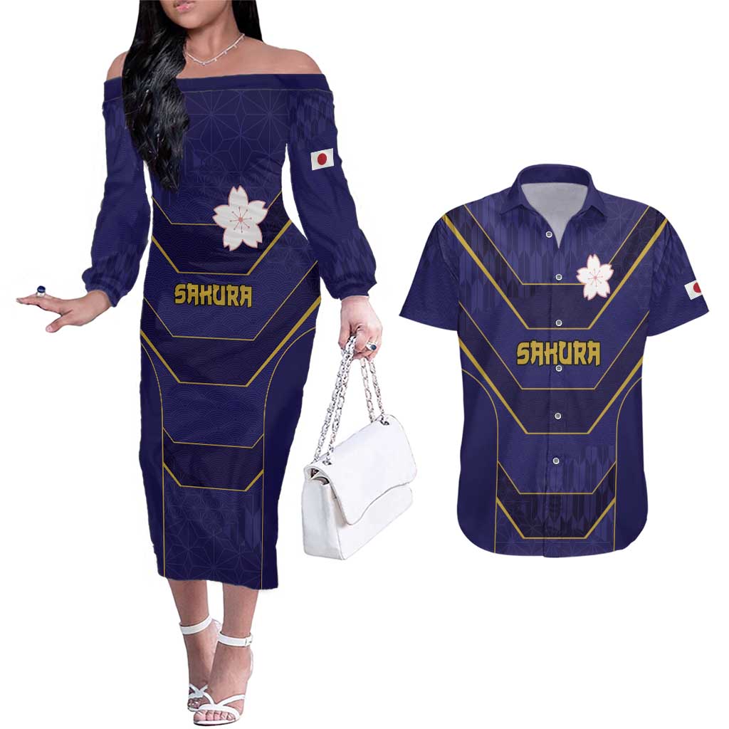Japan Pacific Rugby 2022-23 Custom Couples Matching Off The Shoulder Long Sleeve Dress and Hawaiian Shirt Blue Sakura Japanese Wave Pattern