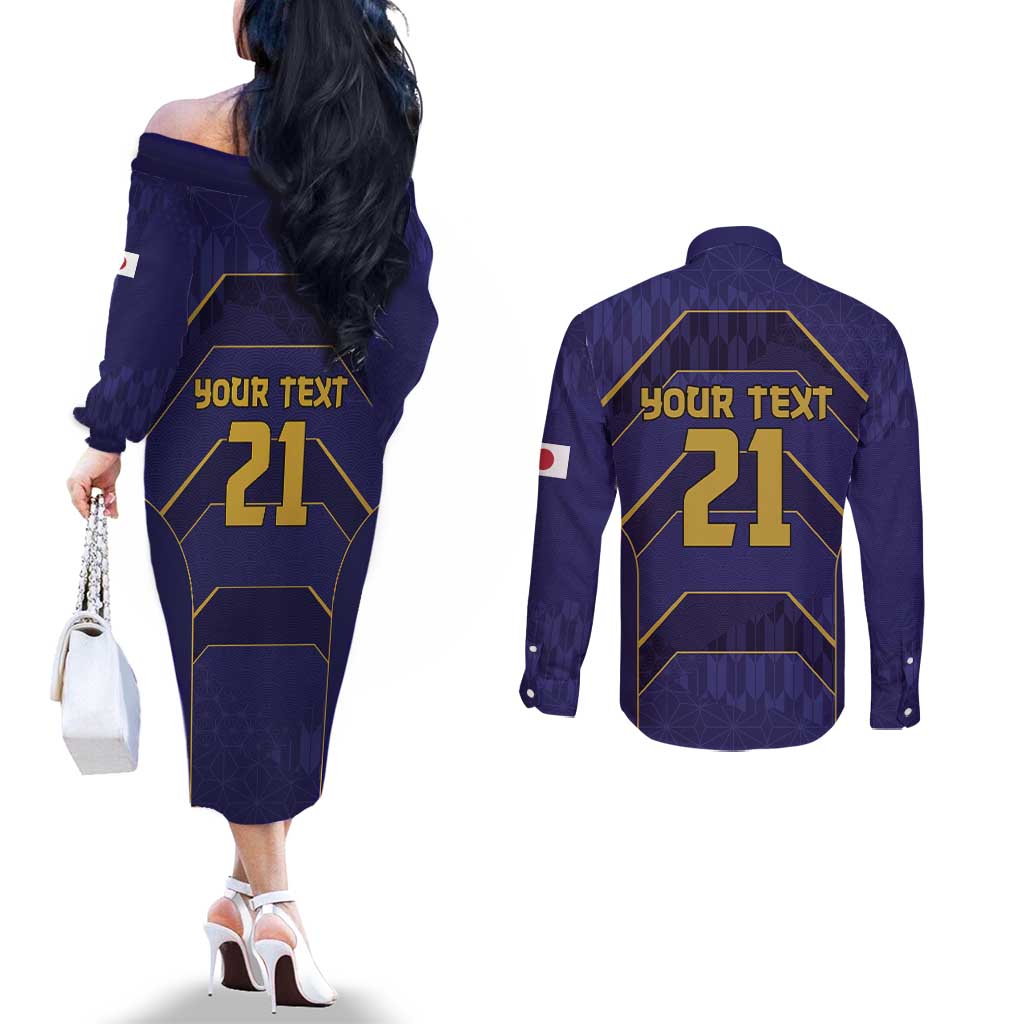 Japan Pacific Rugby 2022-23 Custom Couples Matching Off The Shoulder Long Sleeve Dress and Long Sleeve Button Shirt Blue Sakura Japanese Wave Pattern