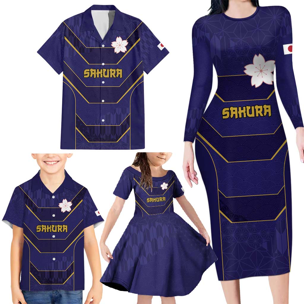 Japan Pacific Rugby 2022-23 Custom Family Matching Long Sleeve Bodycon Dress and Hawaiian Shirt Blue Sakura Japanese Wave Pattern