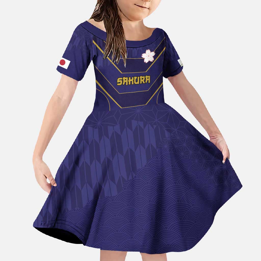 Japan Pacific Rugby 2022-23 Custom Family Matching Off Shoulder Maxi Dress and Hawaiian Shirt Blue Sakura Japanese Wave Pattern LT9 Daughter's Dress Blue - Polynesian Pride