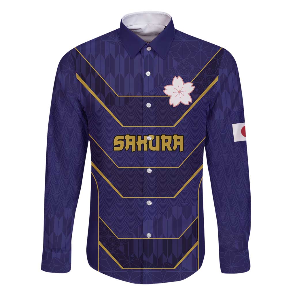 Japan Pacific Rugby 2022-23 Custom Family Matching Off Shoulder Maxi Dress and Hawaiian Shirt Blue Sakura Japanese Wave Pattern LT9 Dad's Shirt - Long Sleeve Blue - Polynesian Pride